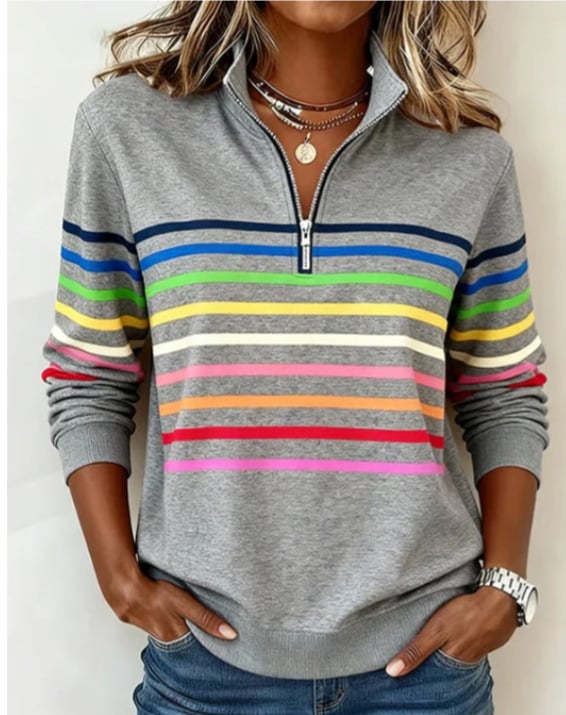 Half-Zip Collar Fashionable Rainbow Striped Sweatshirt