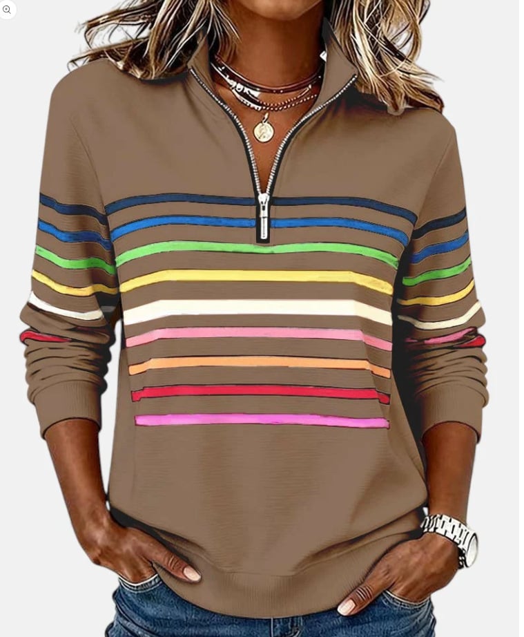 Half-Zip Collar Fashionable Rainbow Striped Sweatshirt
