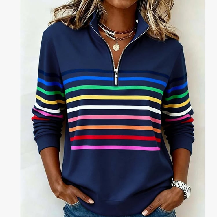 Half-Zip Collar Fashionable Rainbow Striped Sweatshirt