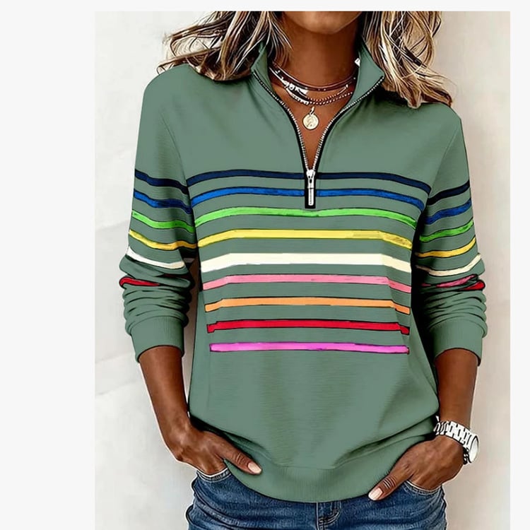 Half-Zip Collar Fashionable Rainbow Striped Sweatshirt