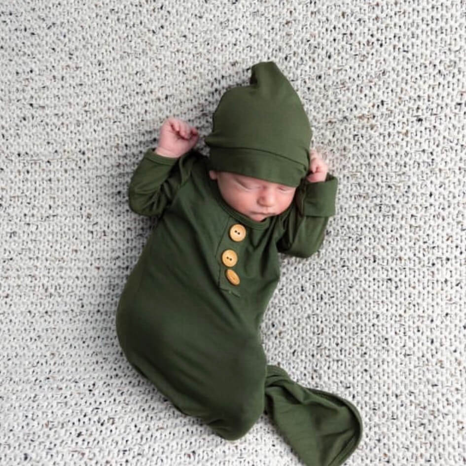 Solid Olive Bamboo Baby Knot Gown & Hat