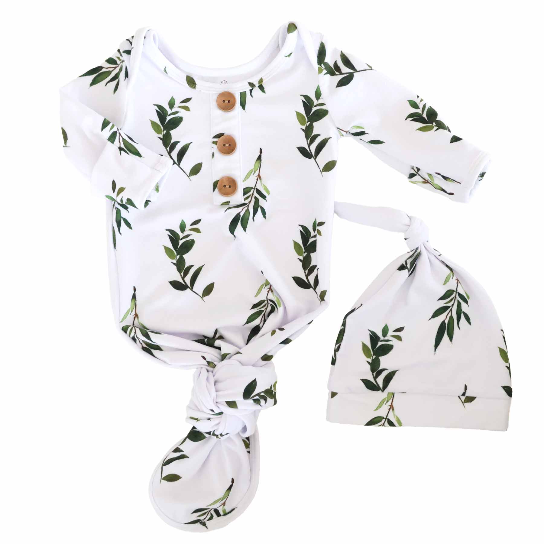 Olive Leaf Newborn Baby Knot Gown & Hat Set